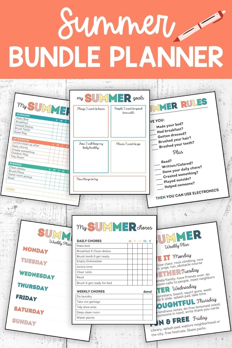 May include: A printable summer planner with colorful borders and text. The planner includes sections for daily chores, weekly plans, summer goals, and summer rules. The text includes phrases like "My Summer", "Summer Goals", "Summer Rules", "Summer Chores", and "Summer Weekly Plan".