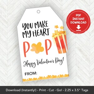 Popcorn Valentine Printable for Class Valentines Tags, Popcorn Valentines Printable Popcorn Tags, Popcorn Gift Tag, Poppin Valentine Tag