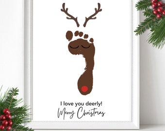 Reindeer Footprint Kids Christmas Craft, Baby's First Christmas, Toddler Christmas Keepsake, Baby Handprint Printable Christmas Card Gift
