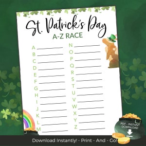 St Patricks Day Game A to Z Race, St Paddys Day Printable Game for Kids Family Office Classroom, Kids & Adult Party Games, Easy Activity