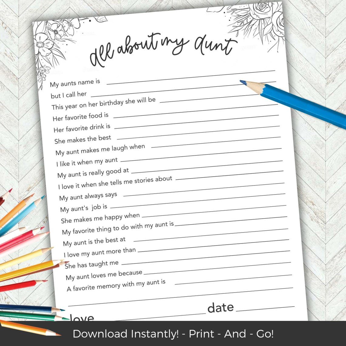All About My Aunt Printable Questions Template, Mom Mothers Day