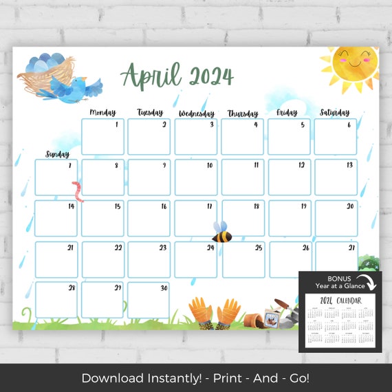 April 2024 Calendar, Kids Calendar Printable, Calendar 2024