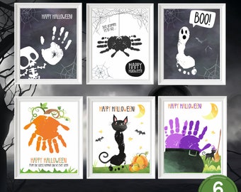 May include: Six printable Halloween-themed handprint art designs. Each design features a different Halloween character, including a ghost, spider, pumpkin, cat, and witch's cauldron. The designs are perfect for creating personalized Halloween decorations with your children.