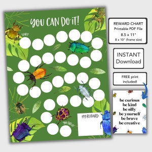 Peut inclure: Un tableau de récompenses imprimable avec un fond vert, des scarabées colorés et des feuilles. Le tableau comporte 15 cercles pour des autocollants ou des tampons. Le texte "You Can Do It!" est en haut du tableau. Le texte "My Reward" est en bas du tableau. Le tableau mesure 8,5 pouces par 11 pouces et est imprimable au format PDF.