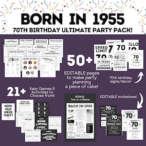 Printable 70th Birthday Decoration for Him Her, 70th Birthday Bundle, Born in 1955, 70th Birthday Party Game, 70th Birthday for Men Women