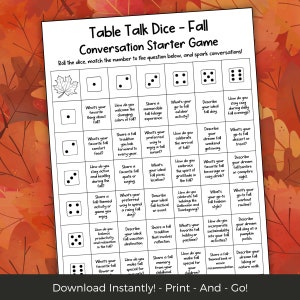 Fall Conversation Starters, Icebreaker Questions Team Building Games for Work, Autumn Get to Know You Game Group Activity, Fall Dice Game