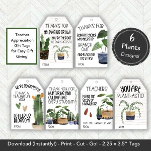 Étiquette-cadeau plante enseignant à imprimer, étiquette cadeau remerciement pour enseignant, idées cadeau de fin d'année pour enseignant, idée cadeau départ à la retraite enseignant de maternelle