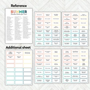 May include: A printable summer boredom buster activity sheet for teens. The sheet is divided into a grid of squares, each containing a different activity idea. The activities are categorized into different themes, such as "Visit the Fair", "Listen to a Podcast", "Go Window Shopping", "Sleep Outside in a Tent", "Do the Swimming Pool Scavenger Hunt", and "Have a Scavenger Hunt".