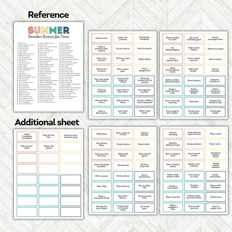 May include: A printable summer boredom buster activity sheet for teens. The sheet is divided into a grid of squares, each containing a different activity idea. The activities are categorized into different themes, such as "Visit the Fair", "Listen to a Podcast", "Go Window Shopping", "Sleep Outside in a Tent", "Do the Swimming Pool Scavenger Hunt", and "Have a Scavenger Hunt".
