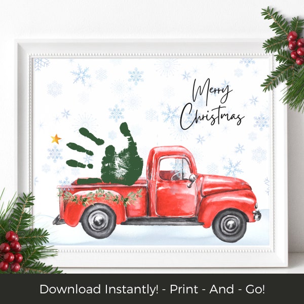 Truck Handprint Christmas Craft DIY, Baby's First Christmas, Toddler Christmas Keepsake, Baby Handprint Printable Christmas Card Gift Idea