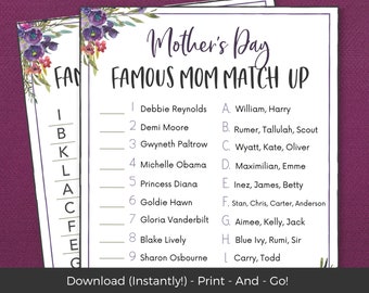 Mothers Day Game Printable, Mothers Day Trivia Games, Mothers Day Brunch Ideas, Easy Mothers Day Activity, Famous Mom Match Up