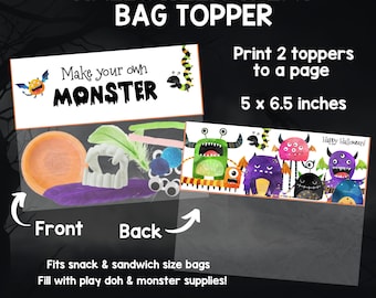 Puede incluir: Topper para bolsa de golosinas de Halloween imprimible con un diseño de monstruo colorido. El topper dice "Crea tu propio monstruo" e incluye instrucciones para imprimir dos toppers por página en un tamaño de 12,7 x 16,5 cm.