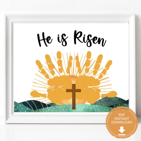 Easter He is Risen Kids Bible Activities, Easter Handprint Art for Kids or Preschool and Toddler Activities, Bible Verse Christian Crafts