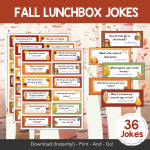 May include: A set of 36 printable fall-themed lunchbox jokes. Each joke is printed on a colorful card with a fall-themed illustration. The cards feature pumpkins, leaves, squirrels, and owls. The text on the cards is in black and white. The cards are designed to be cut out and used as a fun activity for kids.