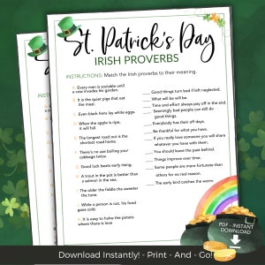 St Patricks Day Game Irish Proverbs, St Paddys Day Printable Game for Kids Family Office, Kids & Adult Party Games, St Patricks Day Trivia