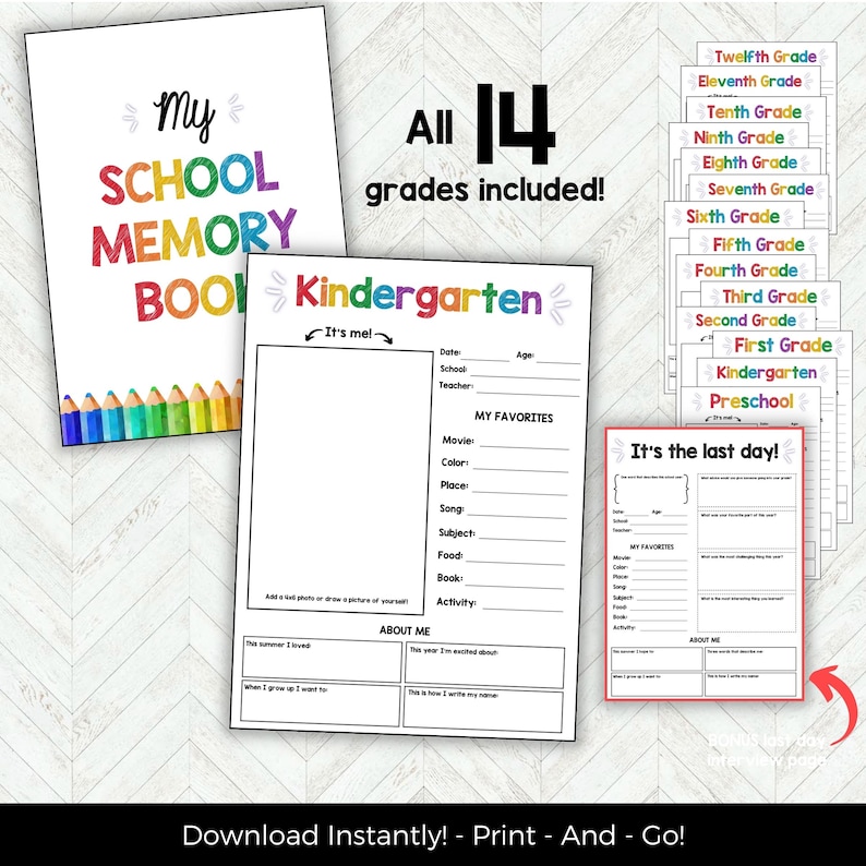 Peut inclure: Un cahier de souvenirs scolaires avec du texte et des illustrations color&eacute;es. La couverture indique "My School Memory Book" en couleurs arc-en-ciel. &Agrave; l'int&eacute;rieur, des pages pour chaque niveau scolaire, de la maternelle &agrave; la terminale, sont incluses.