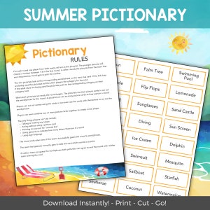 Pictionary de verano, juegos imprimibles para niños, actividades divertidas de verano, juegos de coche para las vacaciones de verano, actividades de viaje en familia, descarga instantánea