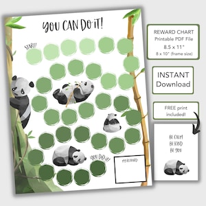 May include: A printable reward chart featuring a panda bear theme. The chart has 30 green circles to color in as a reward system. The chart is 8.5 inches by 11 inches and includes the text "You Can Do It!" and "You Did It!"
