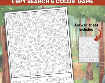May include: A black and white printable I Spy game with a camping theme. The game features a grid of camping-related items, such as tents, sleeping bags, flashlights, and compasses. The game includes an answer sheet.