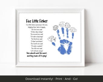 Five Little Fishes Handprint Craft Printable, Ocean Preschool Poem Activity, Kids Summer Handprint Art Project, Pre-K  Kindergarten Craft