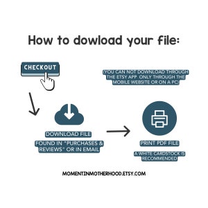May include: A diagram showing how to download a printable PDF file from Etsy. The diagram shows a checkout button, a cloud with a download arrow, and a printer icon. The text says "You can not download through the Etsy app only through the mobile website or on a PC".