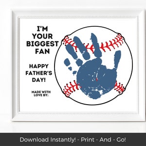 Carte de fête des pères imprimable, artisanat d'empreinte de main de baseball des plus grands fans de sport, cadeau bricolage pour papa, art de l'empreinte de main, idée cadeau papa significatif pour les enfants