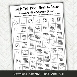 May include: Black and white printable game board with dice and conversation starters for back to school. The game board has questions like "What's your go-to back-to-school tradition or routine?" and "How do you stay motivated throughout the school year?"