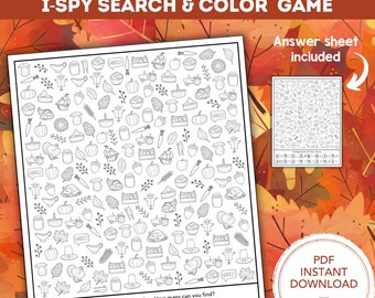 May include: A black and white printable Thanksgiving themed I Spy game with a list of items to find. The game features a variety of Thanksgiving symbols including turkeys, pumpkins, cornucopias, and more. The text on the page reads "Thanksgiving Theme I-Spy Search & Color Game" and "Thanksgiving Search & Color - How many can you find?"