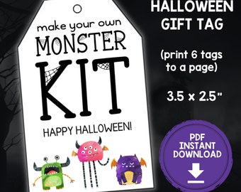 Make Your Own Monster Kit Printable Tag, Monster Printable, Monster Favor Party Tag, Halloween Treat Bag Tags, Halloween Birthday Favor