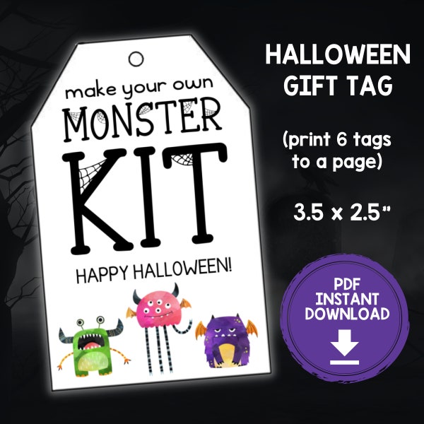 Make Your Own Monster Kit Printable Tag, Monster Printable, Monster Favor Party Tag, Halloween Treat Bag Tags, Halloween Birthday Favor
