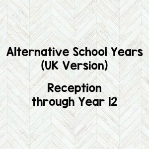Peut inclure: Fond blanc et marron clair &agrave; chevrons avec le texte "Alternative School Years (UK Version)" et "Reception through Year 12" en noir.