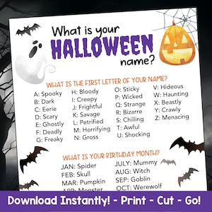 What's Your Name Halloween Printable, Halloween Party Games for Kids & Adults, Halloween Birthday Party Printable, Easy Halloween Games