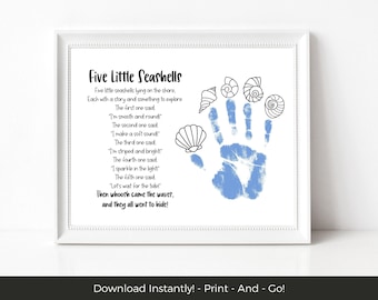 Five Little Seashells Handprint Craft Printable, Summer Preschool Poem Activity, Pre-K or Kindergarten Beach Theme Handprint Art Project