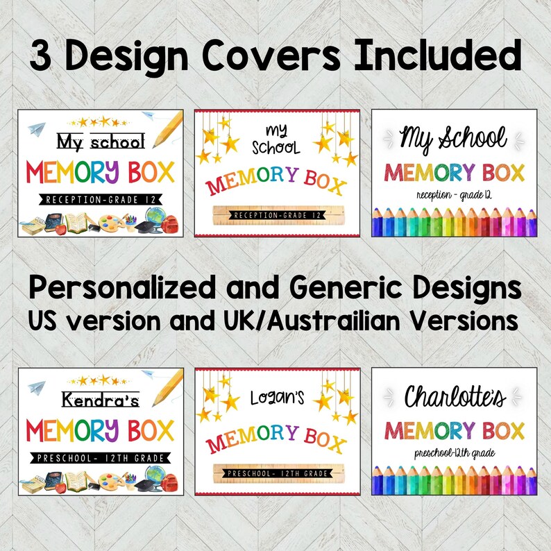 May include: Three printable designs for memory boxes. The designs feature colorful illustrations of school supplies, stars, and pencils. The text on the designs reads "My school Memory Box", "My School Memory Box", and "Kendra's Memory Box".