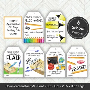 Pode incluir: Seis etiquetas de presente imprimíveis para apreciação do professor com designs de aquarela. As etiquetas incluem frases como "Obrigado por afiar as mentes dos nossos alunos!" e "Este ano foi extraordinário por sua causa!" Cada etiqueta mede 2,25 polegadas por 3,5 polegadas.