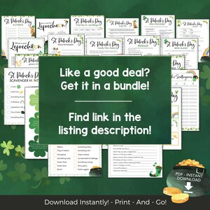 May include: A green and white digital printable bundle for St. Patrick's Day. The bundle includes games, activities, and trivia. The text "Like a good deal? Get it in a bundle!" is displayed in a white box with a green background. The text "Find link in the listing description!" is displayed in a white box with a green background.