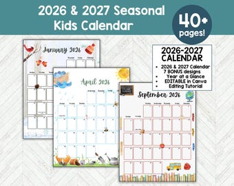 2026 Calendar, Kids Calendar Printable, Calendar 2027, Monthly Calendar Printable 2026, Wall Calendar 2027 Calendar Printable Class Calendar