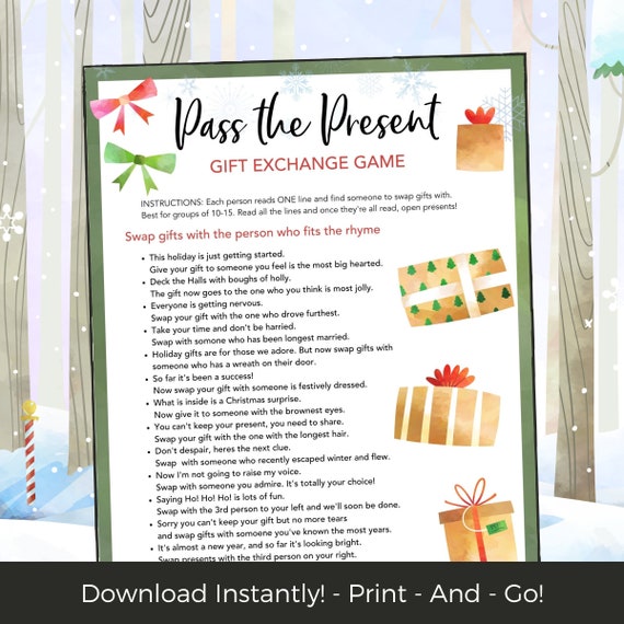 Christmas Pass the Gift Game - Instant Download - Printable Digital Games -  Gift Exchange Activities - White Elephant Game Idea