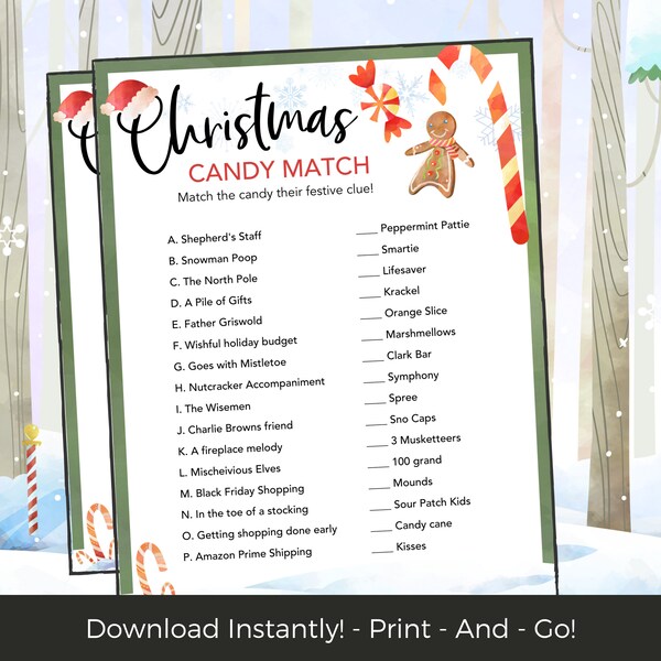 Candy Match Christmas Games for Families, Printable Christmas Games, Zoom Family Christmas Party Games, Easy Christmas Activity Idea Kids
