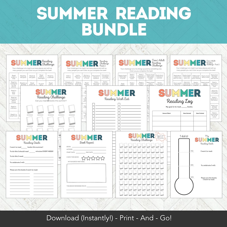May include: A printable summer reading bundle with colorful designs. The bundle includes a reading challenge, a reading wish list, a reading log, reading goals, a book report, and a thermometer to track reading progress.