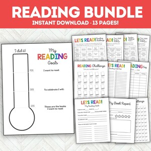 May include: A printable reading bundle with 13 pages. The bundle includes a reading goal tracker, a reading log, a book report template, and a reading challenge. The pages are black and white with colourful accents.