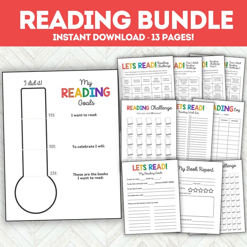 May include: A printable reading bundle with 13 pages. The bundle includes a reading goal tracker, a reading log, a book report template, and a reading challenge. The pages are black and white with colourful accents.