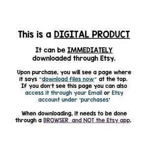Pode incluir: Imagem com fundo branco e texto preto. Indica que &eacute; um produto digital que pode ser descarregado imediatamente atrav&eacute;s da Etsy. S&atilde;o fornecidas instru&ccedil;&otilde;es para aceder aos ficheiros.