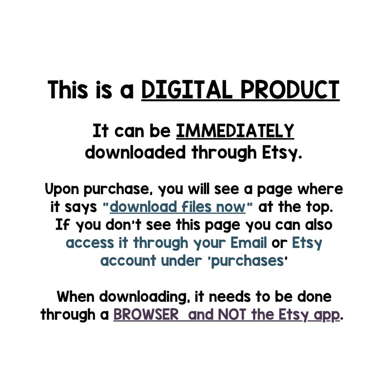 Pode incluir: Imagem com fundo branco e texto preto. Indica que &eacute; um produto digital que pode ser descarregado imediatamente atrav&eacute;s da Etsy. S&atilde;o fornecidas instru&ccedil;&otilde;es para aceder aos ficheiros.