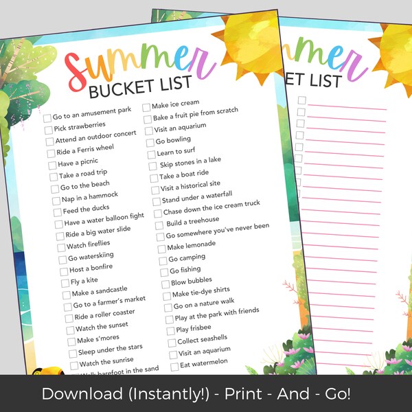 Summer Bucket List, Printable Bucket List Template for Kids, Summer Checklist, Summer Vacation Activities, Family Travel, Instant Download