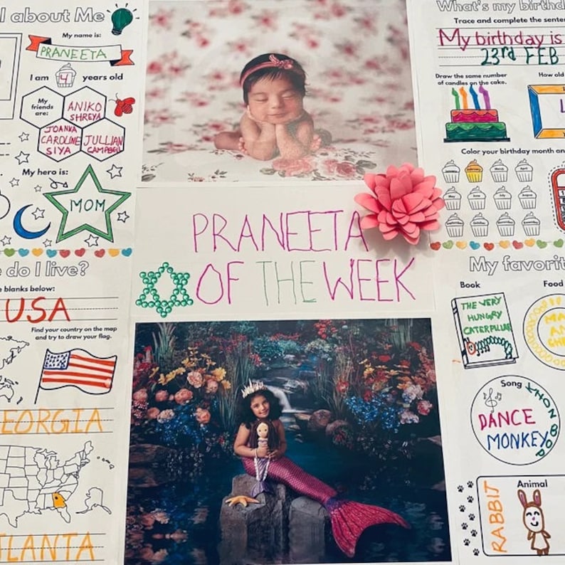 May include: A colorful printable worksheet for a child's weekly report card. The worksheet includes a photo of a baby girl, a photo of a girl dressed as a mermaid, and a photo of a girl holding a doll. The worksheet also includes a section for the child's name, age, friends, hero, and favorite book, song, food, and animal. The worksheet is titled "Praneeta of the Week".