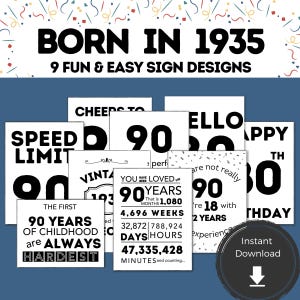 Printable 90th Birthday Sign, Born in 1935 Birthday Poster, 90th Birthday Decorations for Men and Women, Adult Birthday Party Decorations
