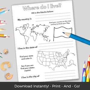 Where I Live Worksheet, Homeschool Printable Activity, Homeschool Curriculum, Writing Worksheet, 1st 2nd 3rd 4th Grade, State Country Flag