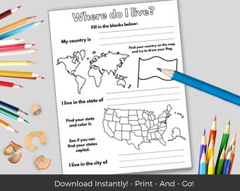 Puede incluir: Una hoja de trabajo imprimible con un mapa del mundo, un mapa de los Estados Unidos y líneas para completar tu país, estado y ciudad de residencia. El texto "¿Dónde vivo?" está en la parte superior de la página.