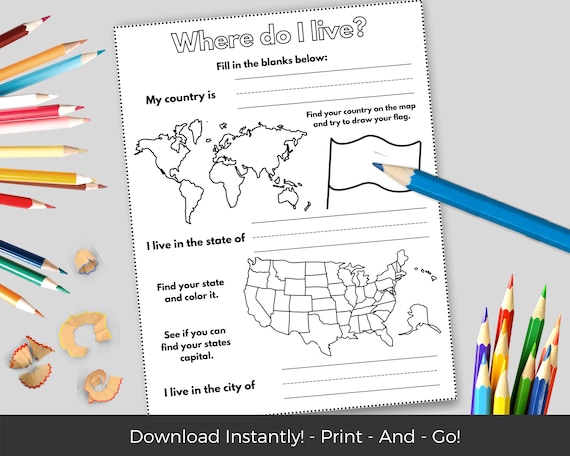 Where I Live Worksheet, Homeschool Printable Activity, Homeschool Curriculum, Writing Worksheet, 1st 2nd 3rd 4th Grade, State Country Flag